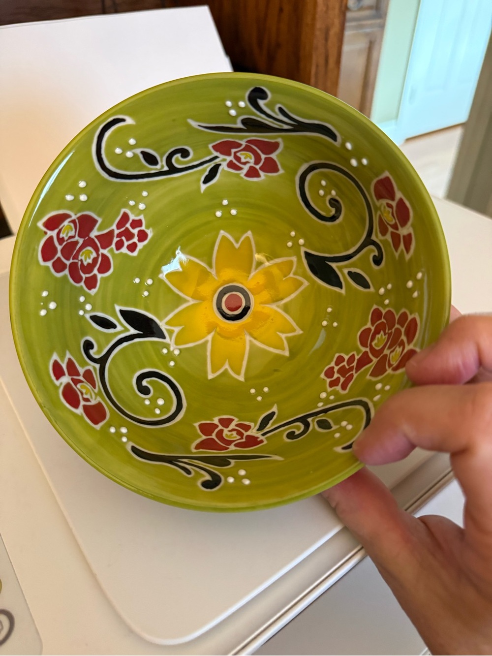 Hand-Painted Floral Ceramic Bowl - Green, Yellow, Red